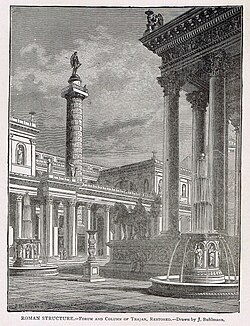 Grabado antiguo del Foro y la Columna de Trajano de 1891.