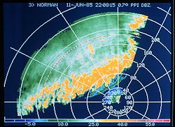 Pantalla o gráfico de retorno de ecos en un radar meteorológico Doppler.