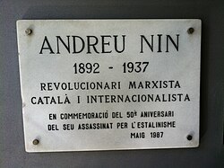 Placa conmemorativa del asesinato de Andreu Nin