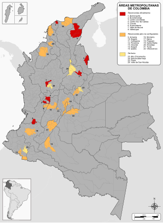 Mapa conceptual de las áreas metropolitanas en Colombia según su vigencia y reconocimiento legal.