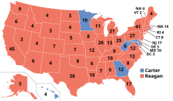 Mapa electoral representativo de los resultados de las elecciones presidenciales de Estados Unidos de 1980.