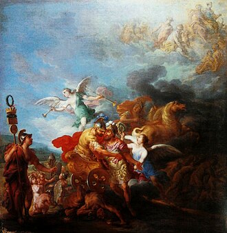 Pintura de Nattier que ilustra a Rómulo siendo guiado al Olimpo por Marte.
