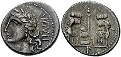Moneda de plata del siglo I a. C. con la inscripción ITALIA