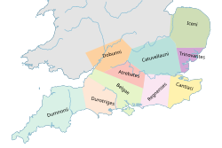 Mapa histórico de los pueblos celtas del sur de Britania mostrando la ubicación de los icenos.