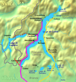 Mapa político de la región del lago de Como que muestra la ruta de escape de Mussolini