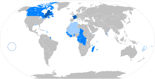 Distribución geográfica mundial del idioma francés según el uso nativo, oficial o cultural.