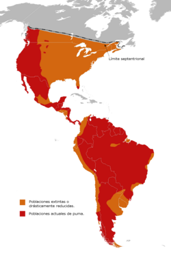 Mapa de distribución del puma con poblaciones sobrevivientes y extintas