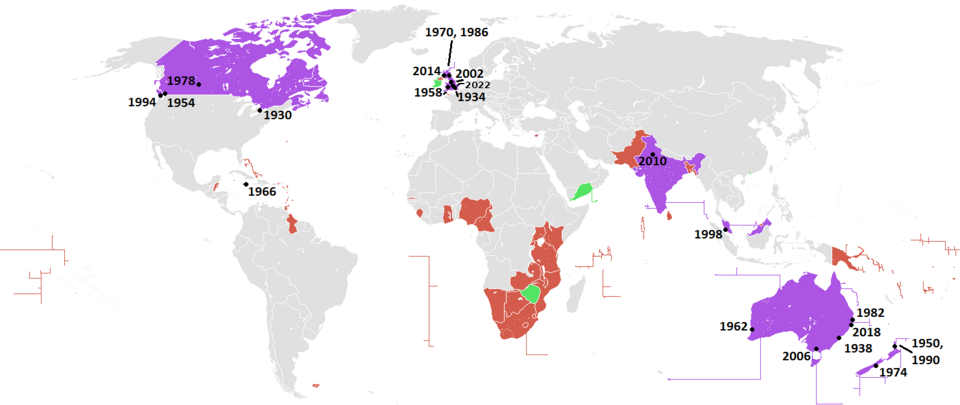 Mapa que ilustra las naciones participantes en los Juegos de la Mancomunidad